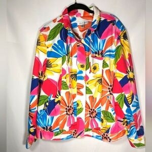 Coldwater Creek Bright Multi Color Floral Cotton Blend Zip Up Jacket Size W20